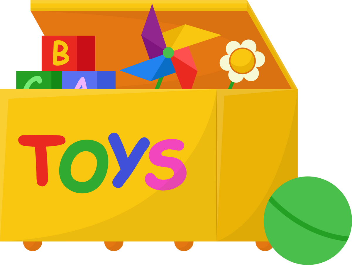 Box with toys flat vector illustration. Wooden and cardboard boxes with gifts, plush toys, dolls, cars, teddy bears for kids games. Childhood, nursery concept